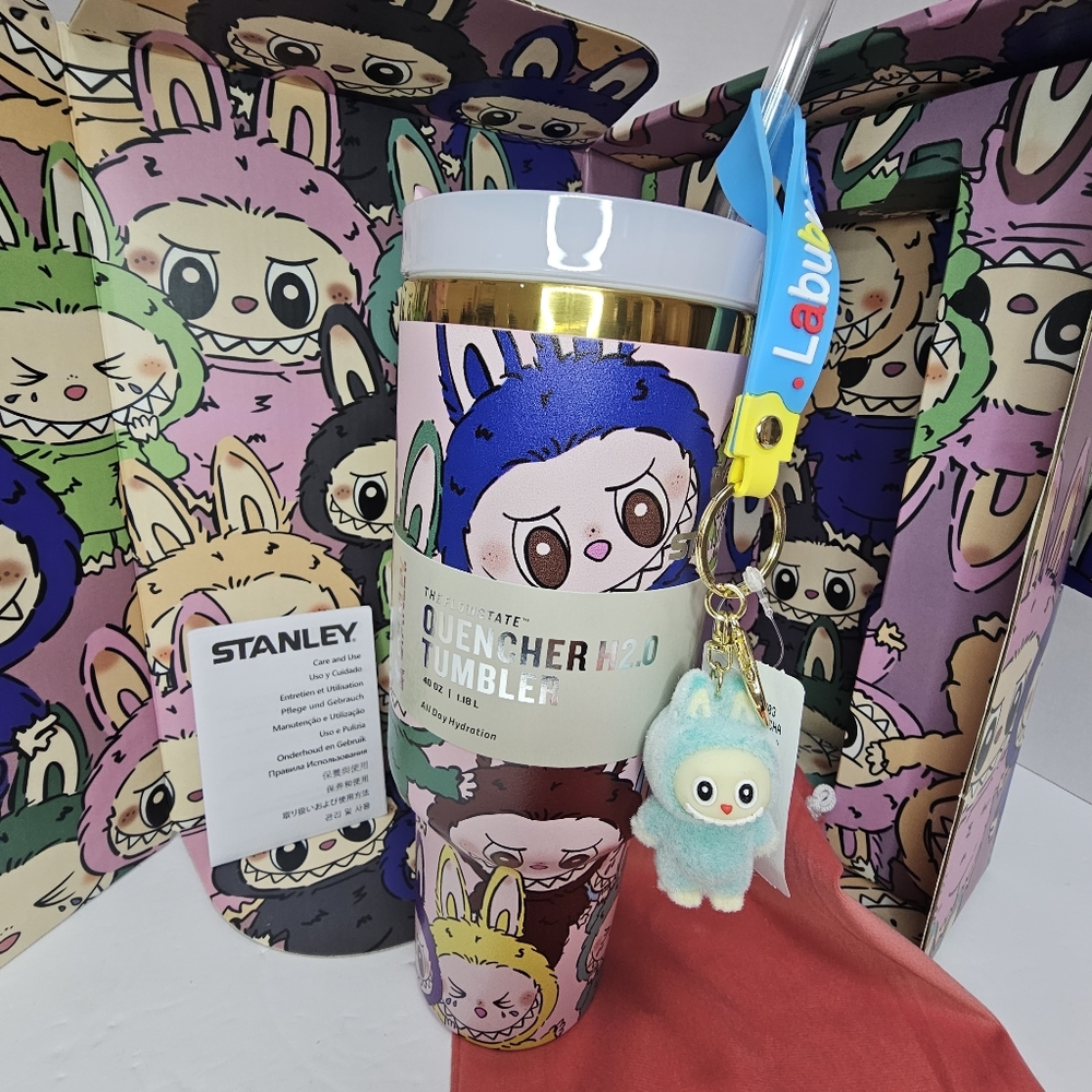 Stanley x Labubu Pink Tumbler Set With Key Chain And Dust Bag Monsters New